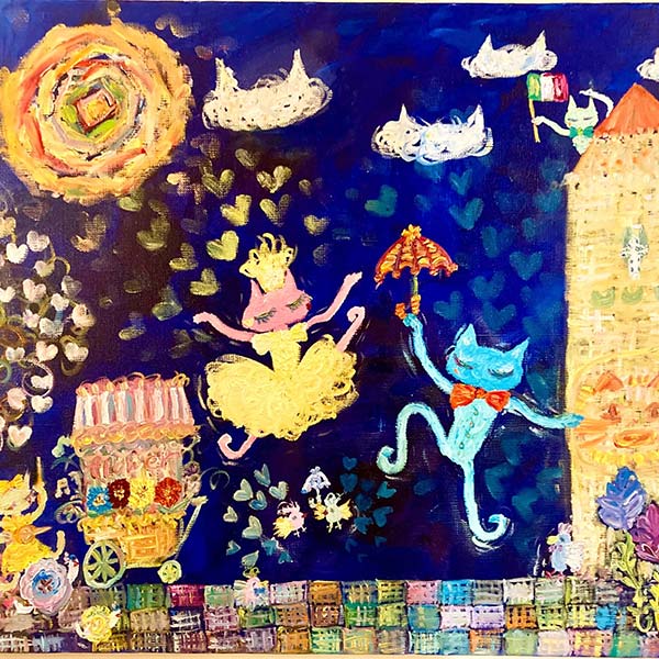 松本アミカ　「猫イタリア ワンダーランド♪」　F10号　キャンバス、油絵