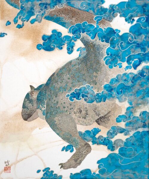 水島篤　「青の巨影　カルノタウルス」　F8 日本画