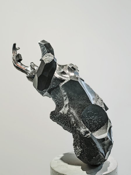 Megasoma marsのトルソ(メガソママルス)　黒御影石、樟、色漆、モルタル　35×48×h50cm+台座26.5×h13cm